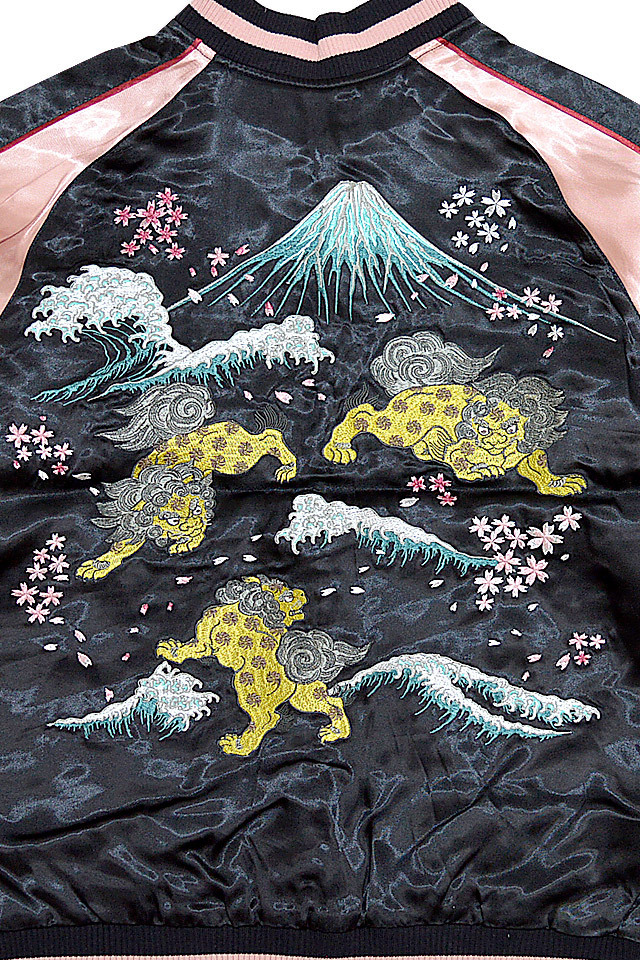 波に獅子柄刺繍スカジャン◆Japanesque(ジャパネスク) ブラックＭサイズ 3RSJ-046 和柄 和風 スーベニアジャケット_画像3