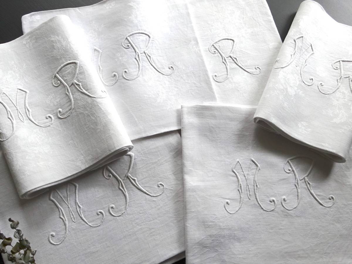 20世紀 フランス テーブルナプキン6枚 刺繍 ダマスク アンティーク クロス リネン 布材 縫製 古布 民藝 工藝 美術 服飾 半物