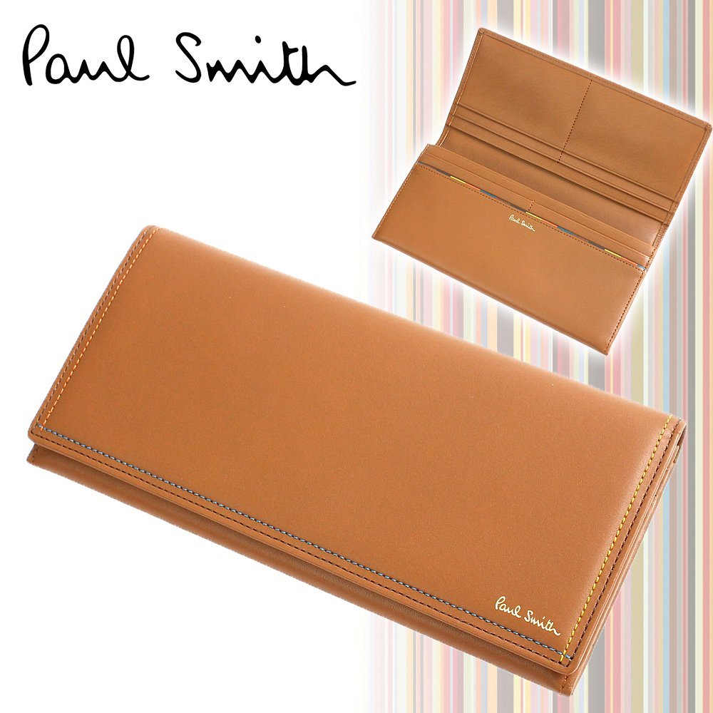新品 ポールスミス メンズ 長財布 Paul Smith ブライトストライプ ステッチ キャメル 紳士 財布 ウォレット ◆PSQ025-75_画像1