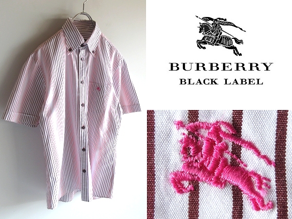 希少 BURBERRY BLACK LABEL バーバリーブラックレーベル ホースロゴ刺繍 グラデーションストライプ BDシャツ 2 半袖 春夏 ネコポス対応_画像1