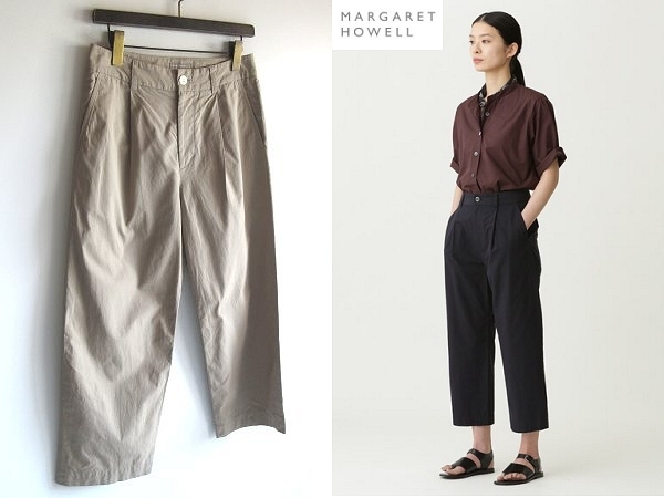 MARGARET HOWELL マーガレットハウエル 2020SS WASHED COTTON コットン タックワイドパンツ クロップドパンツ 2 カーキベージュ MHL.