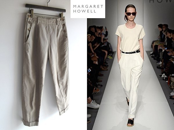 コレクション使用同型 MARGARET HOWELL マーガレットハウエル コットンリネン サイドボタン タックテーパードパンツ 1 カーキベージュ MHL.