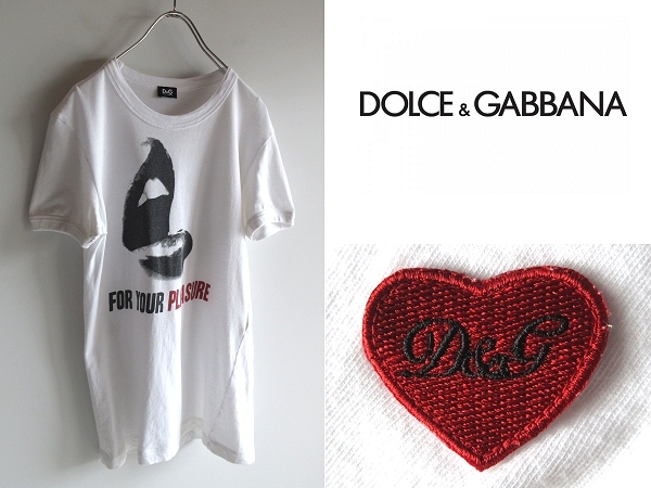 ネコポス対応 D&G ドルチェ&ガッバーナ ハートワッペン 唇/リップ FOR YOUR PLEASURE プリントTシャツ 半袖カットソー 44 白 ホワイト_画像1