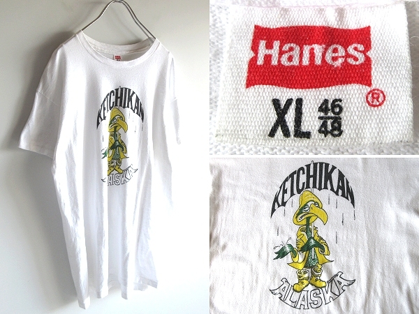 希少 70sビンテージ Hanes ヘインズ KETCHIKAN ALASKA ケチカン アラスカ プリント Tシャツ XL 46/48 白 ホワイト コットン100% ネコポス可