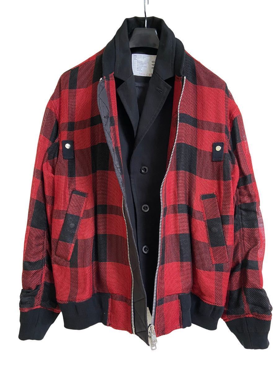 sacai サカイ ジャケット ドッキング MA-1 チェック ブルゾン 長袖 赤