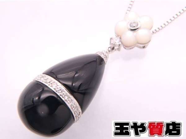 オニキス 美品 ダイヤ0.35ct フラワー シェル ペンダントネックレス K18WG ホワイトゴールド_画像1