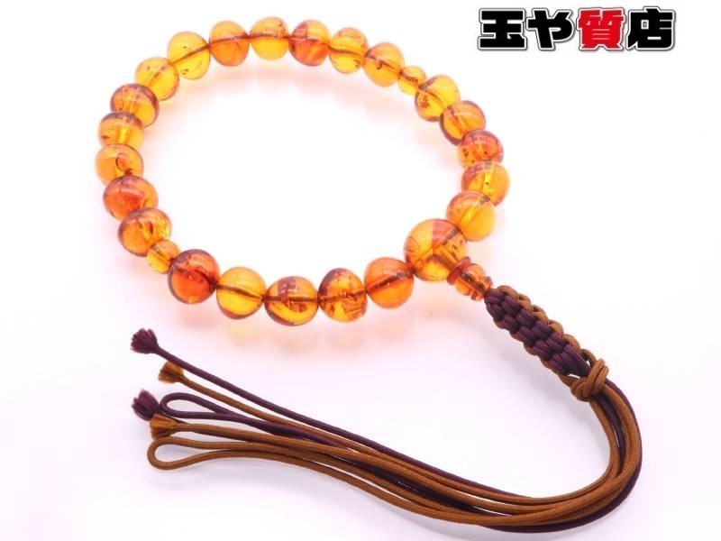 新しく着き コハク 25玉 数珠 本琥珀 アンバー、琥珀