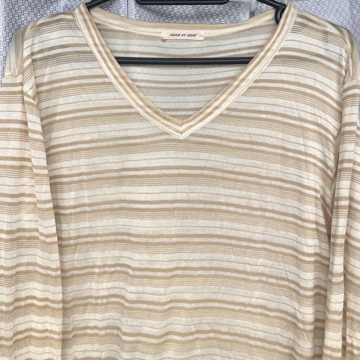 新品同様シルク混★ADAM ET ROPE /Vネック マルチボーダーカットソー 長袖★アダム エ ロペ/ロンT ロングスリーブ Tシャツ ボーダー シャツ