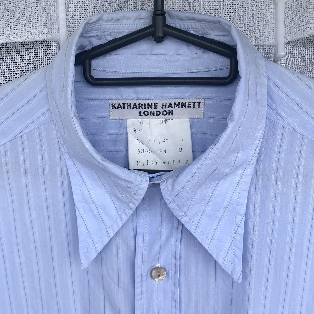 90s ヴィンテージ 訳有★KATHARINE HAMNETT LONDON / ロングポイント ストライプ カフスシャツ M★長袖ドレスシャツ/キャサリン ハムネット