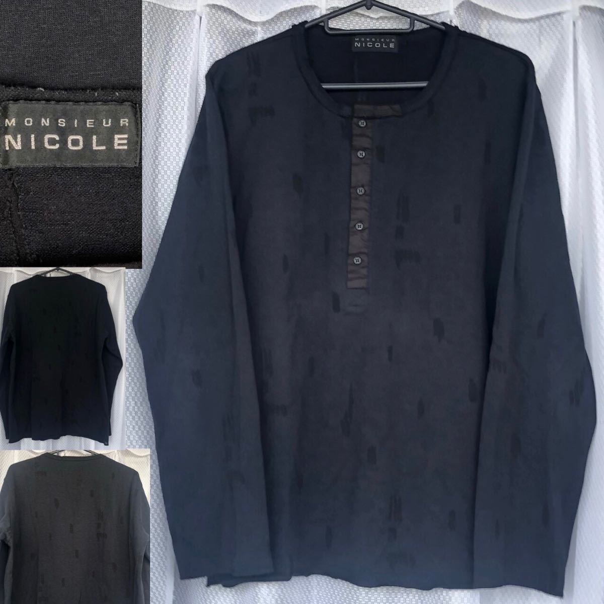 レア品★MONSIEUR NICOLE /ダメージ加工 ヘンリーネック カットソー 長袖 黒★ロンT プルオーバー ロングスリーブ Tシャツ/ムッシュ ニコル_画像1