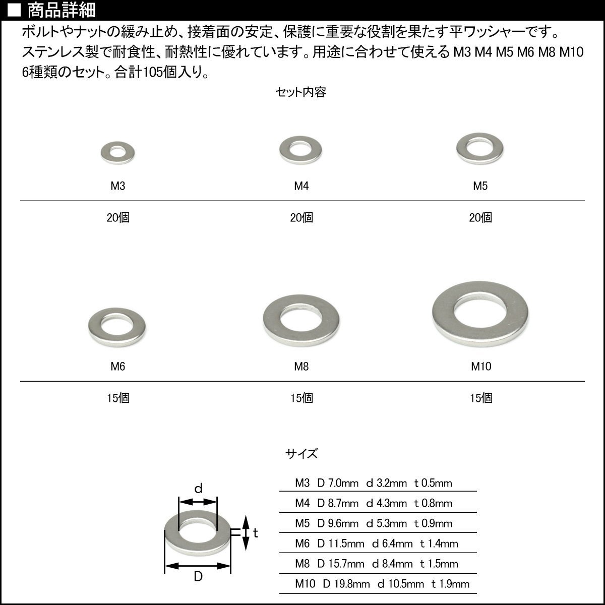 ステンレス 製 M3 M4 M5 M6 M8 M10 平ワッシャー 平座金 6種セット 合計105個入り I-439_画像2