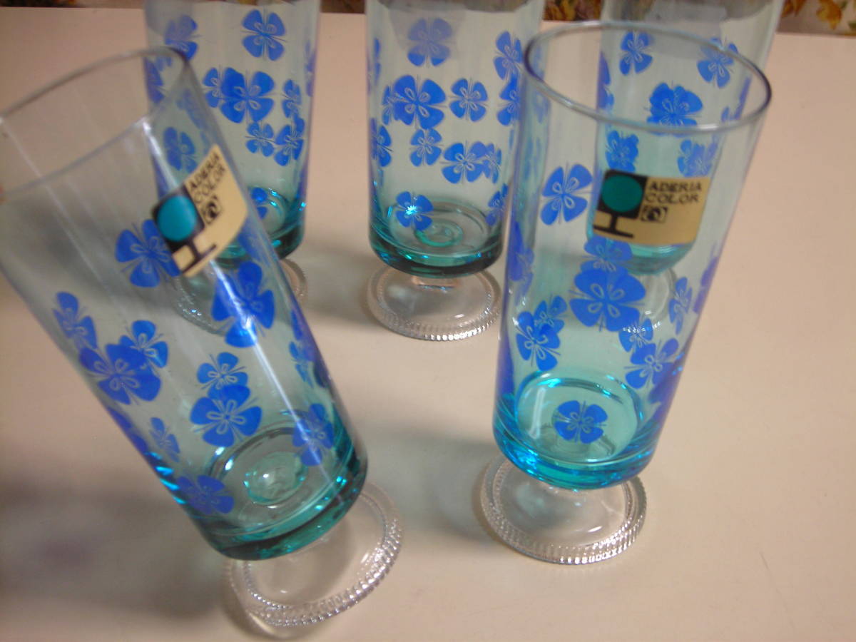 R4 07* Showa Retro that time thing with legs tumbler glass 5 piece set ate rear blue glass glass glass 