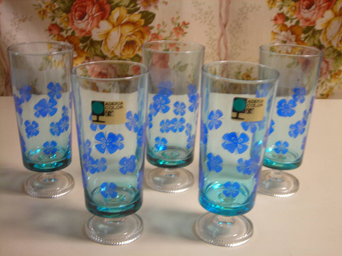 R4 07* Showa Retro that time thing with legs tumbler glass 5 piece set ate rear blue glass glass glass 