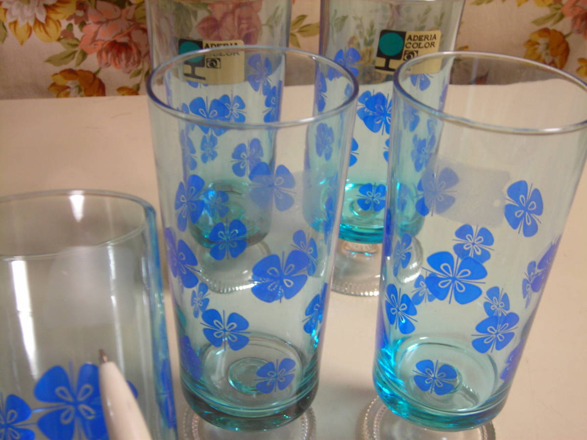 R4 07* Showa Retro that time thing with legs tumbler glass 5 piece set ate rear blue glass glass glass 