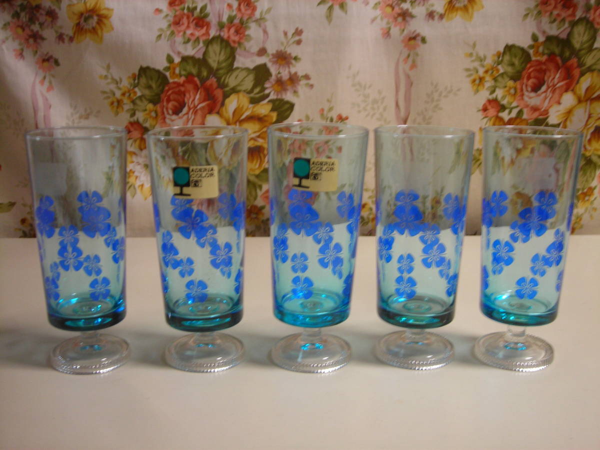 R4 07* Showa Retro that time thing with legs tumbler glass 5 piece set ate rear blue glass glass glass 