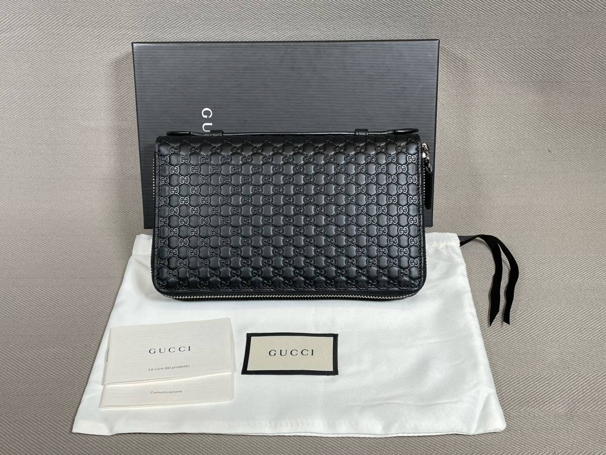 新品 定価22万 GUCCI ラウンドファスナー マイクロ グッチ シマ レザー 長財布 黒 ブラック セカンド クラッチ バッグ トラベルケース 財布_画像1