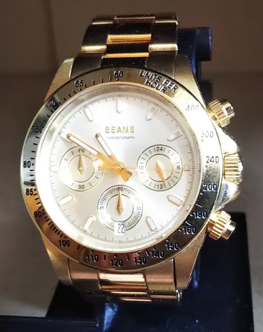 電池新品 BEAMS ビームス アナログ クォーツ 腕時計 メンズ クロノグラフ ゴールド