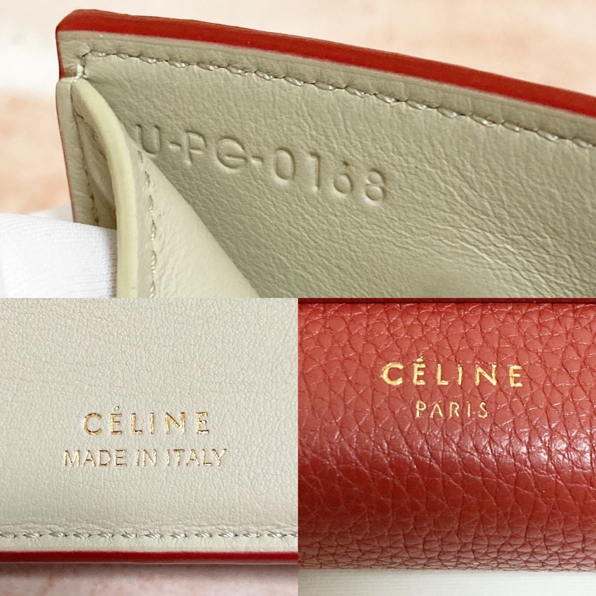 箱、袋付き セリーヌ CELINE 三つ折り財布 バイカラー レッド ベージュ
