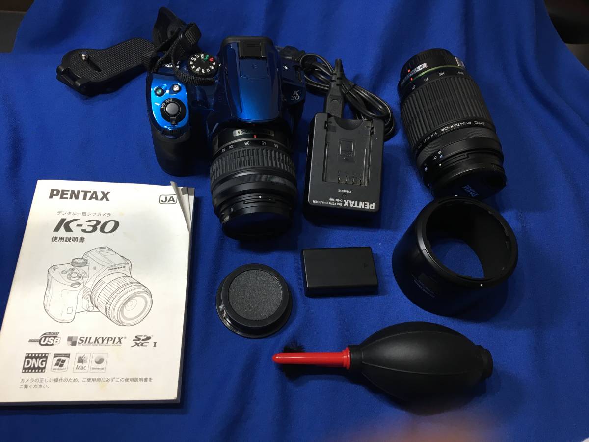 【5890/5891】PENTAX K30 デジタル一眼レフカメラ クリスタルブルー 本体 レンズ15-50ｍｍ/55-300mm 使用説明書 バッテリー 充電器
