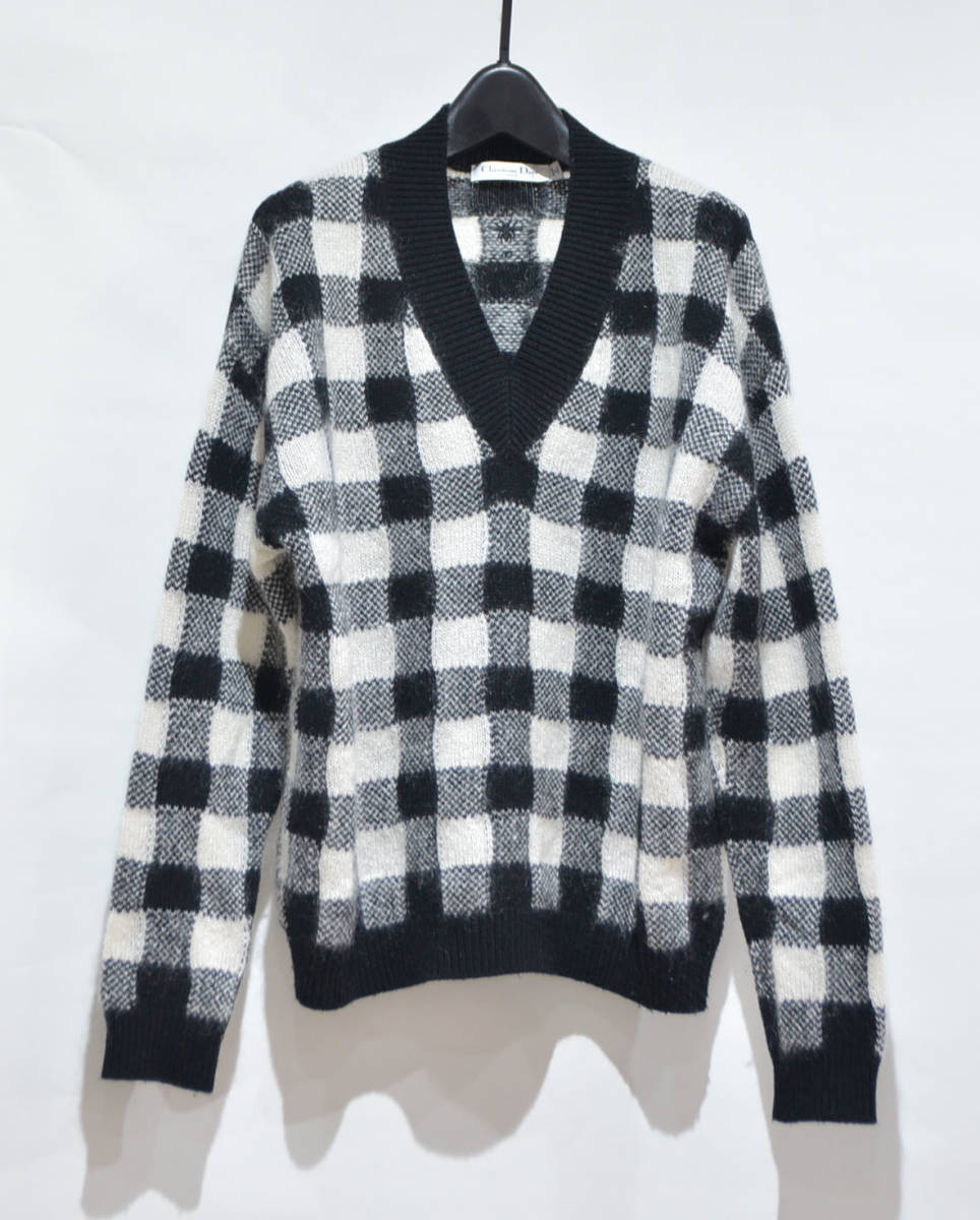  domestic regular Christian Dior Christian Dior block check knitted sweater tops white × black F34 Y-309915