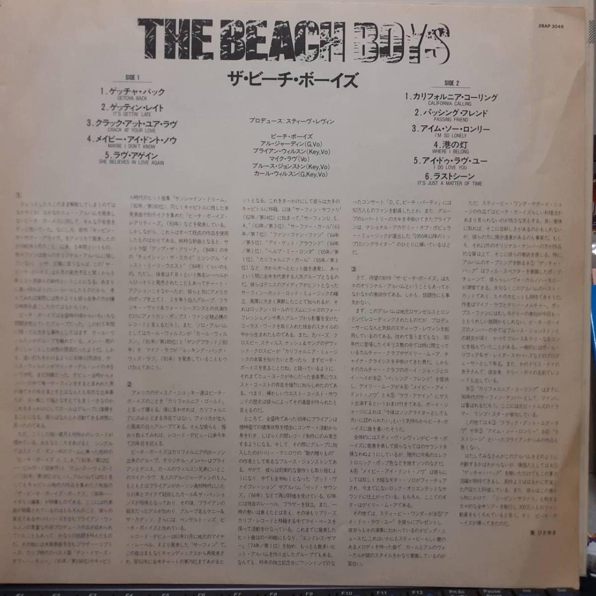 初回ステッカー付き！日本盤LP！Beach Boys / The Beach Boys 1985年 CBS SONY 28AP3046 Getcha Back 収録！Brian Wilson ビーチ・ボーイズ_画像5