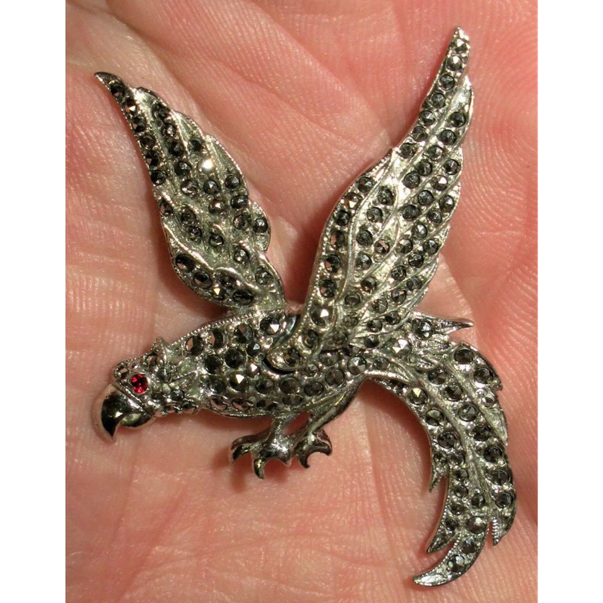 超希少!!VTG 1960’s EAGLE GARNET EYE MARCASITE STONES INLAID SILVER PIN ビンテージイーグルガーネットアイマーカサイトシルバーピン_画像5