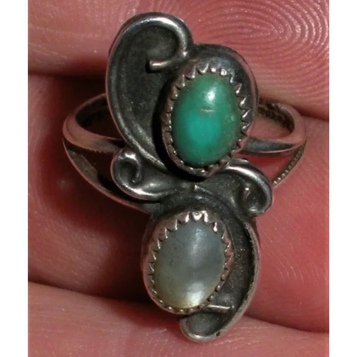 超希少!VTG NAVAJO 1950’s TURQUOISE MOP SILVER RING USA ZUNI HOPIナバホビンテージターコイズ&マザーオブパールシルバーリング10.5号