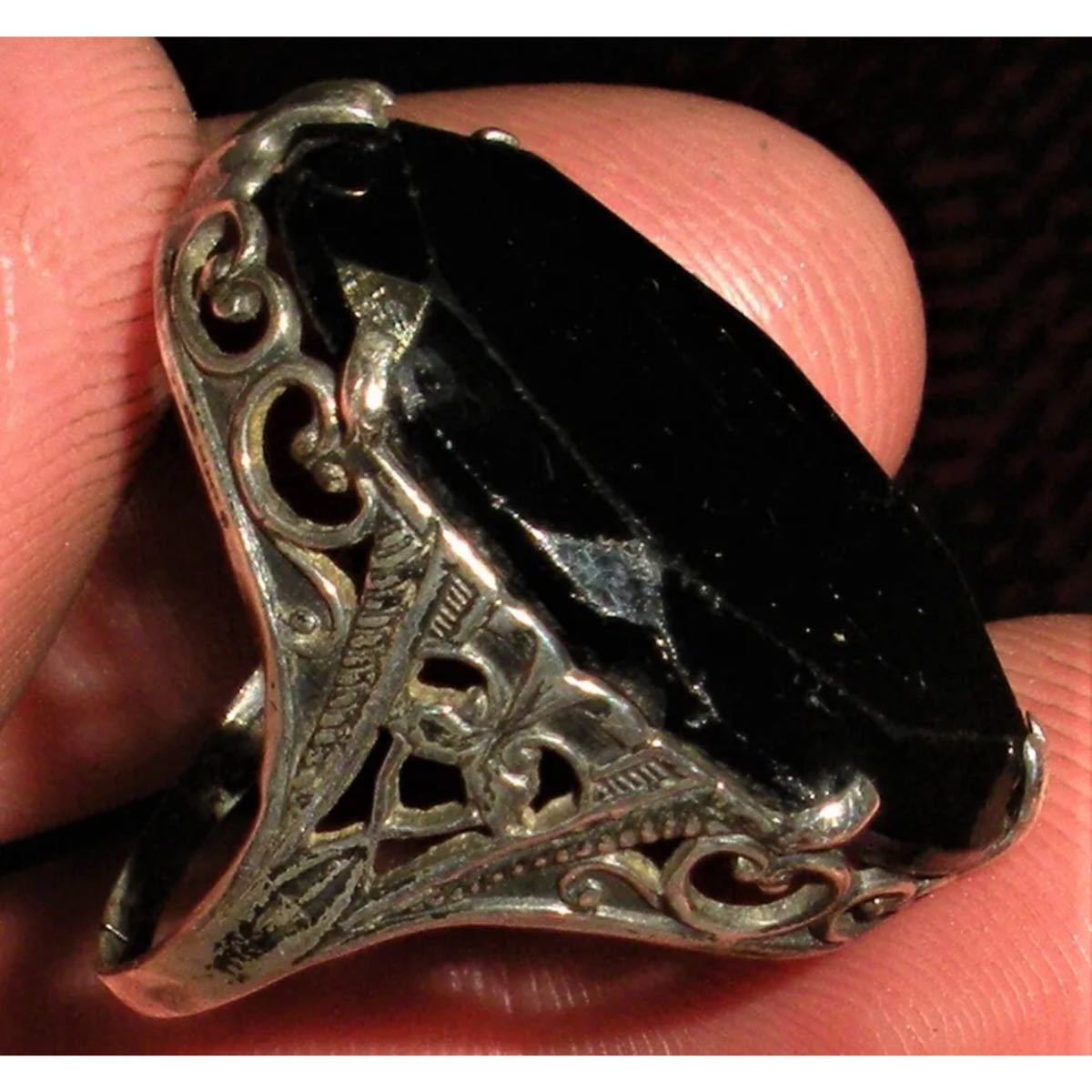 超希少!ANTIQUE c. 1940 ONYX STERLING SILVER ART DECO RING RING MADE IN USAアンティークアートデコオニキスシルバーリング12.5号 _画像1