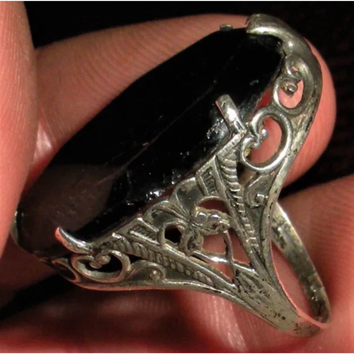 超希少!ANTIQUE c. 1940 ONYX STERLING SILVER ART DECO RING RING MADE IN USAアンティークアートデコオニキスシルバーリング12.5号 _画像2