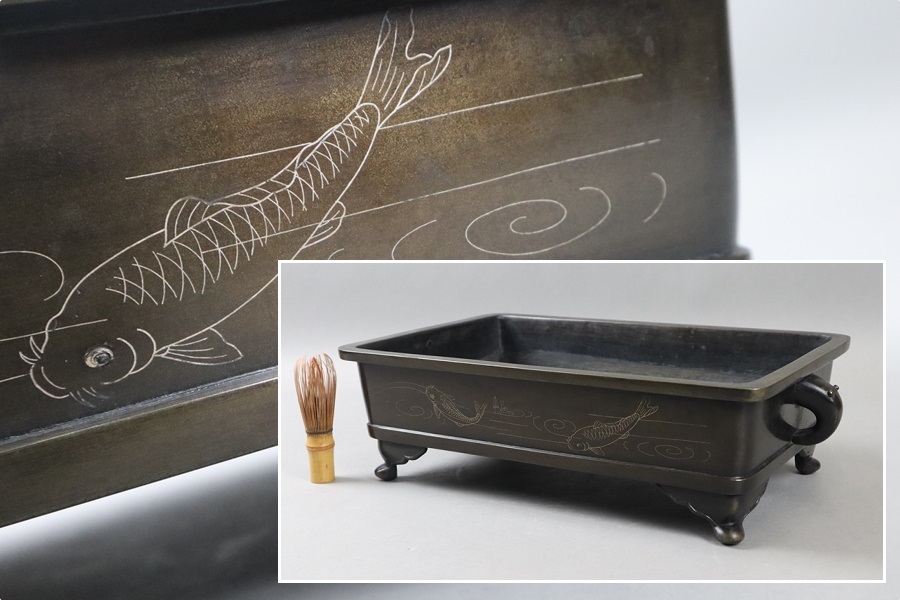 時代金工 古銅 銀象嵌 鯉蓮紋 水盤 幅43cm 重5,5kg 銅器 金属 時代金工 古銅 銀象嵌 鯉蓮紋 水盤 幅43cm 重5,5kg 銅器 金属