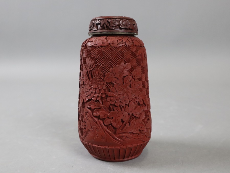 中国古玩清代堆朱花彫茶入煎茶道具中国漆芸朱塗塗時代品細密細工古美術