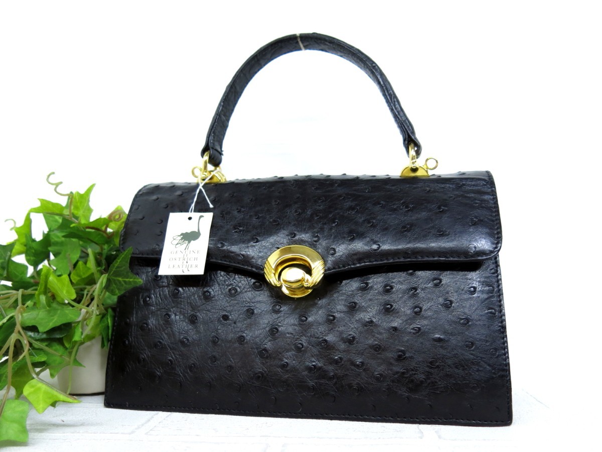 GENUINE◇オーストリッチ◇ハンド バッグ◇ブラック ゴールド金具