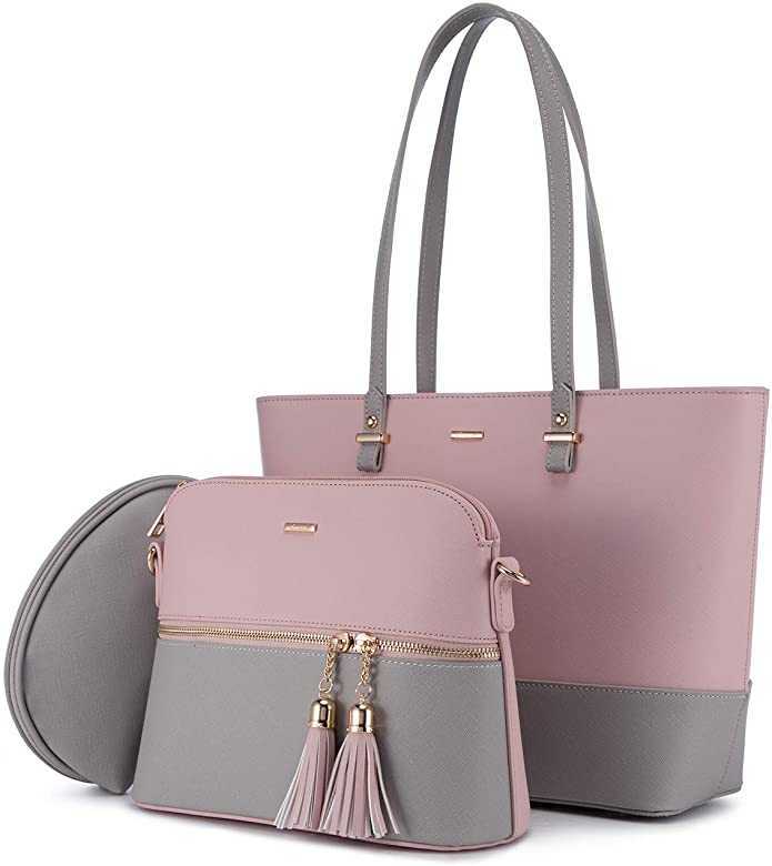 バッグ レディース トートバッグ ショルダーバッグ ハンドバッグ 通勤 鞄女性用 3点セット 切り替え色底鋲 a4ビジネス色：桜ピンク＋グレー