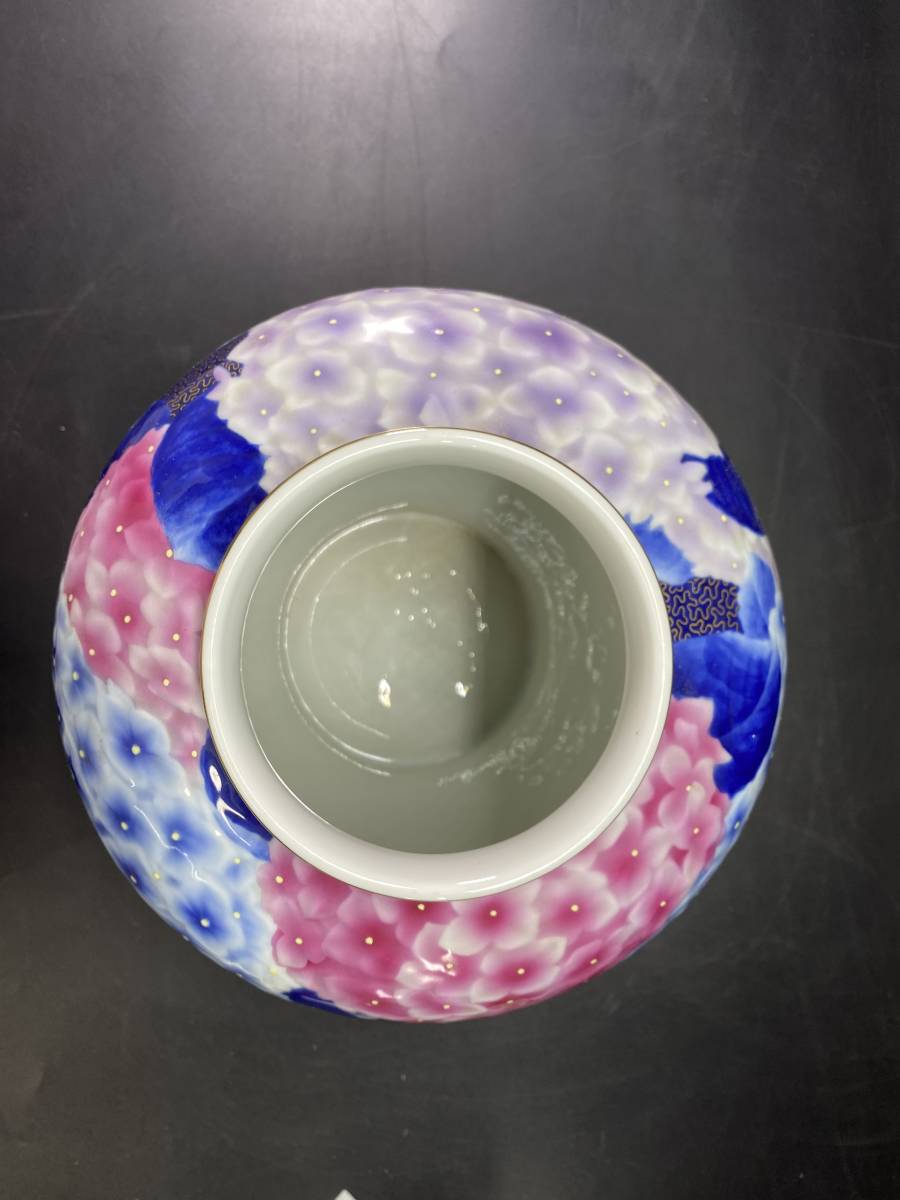 7#J/X2178 深川製磁 花瓶 紫陽花大輪繚乱 色絵金彩染錦 花瓶 花入 花生 花器 壷 5