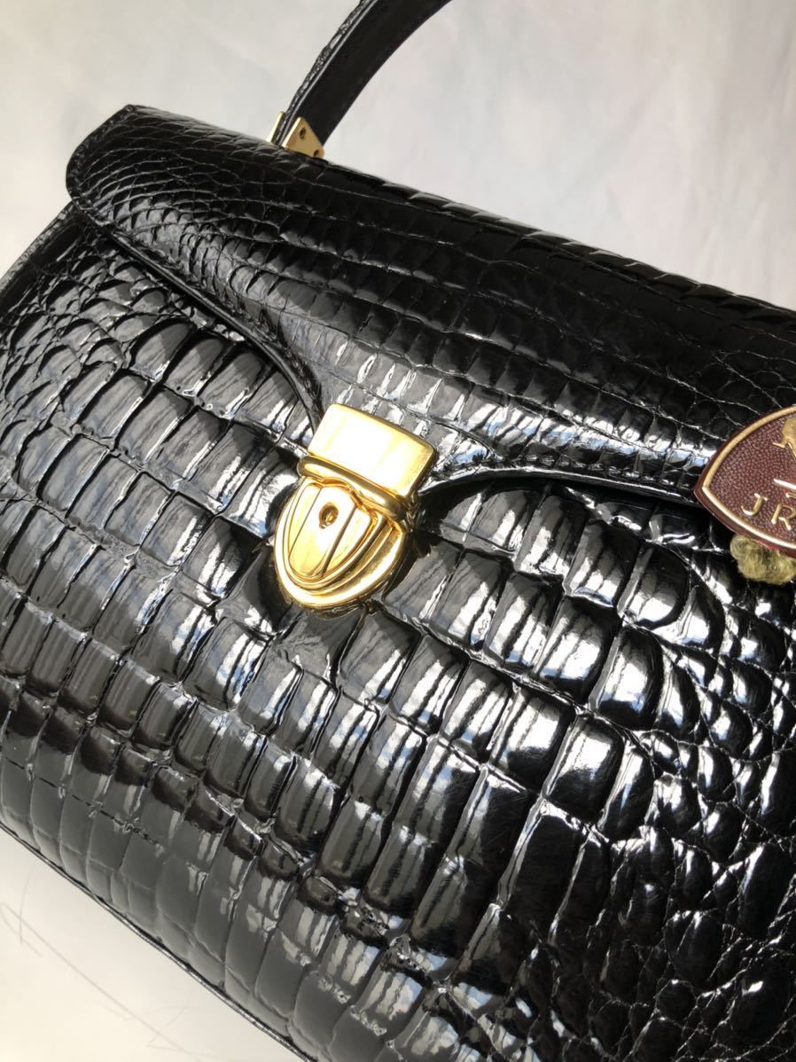 JRA認定 美品クロコダイル ハンドバッグ シャイニング ブラック黒 GENUINE CROCODILE SKIN HANDBAG black  Shining本革 クロコ ワニ ケリー