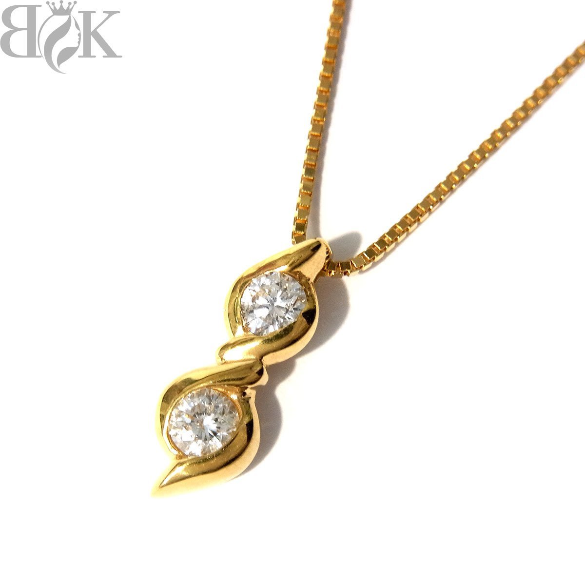 美品 K18 デザインネックレス 2Pダイヤ ベネチアンチェーン イエロー
