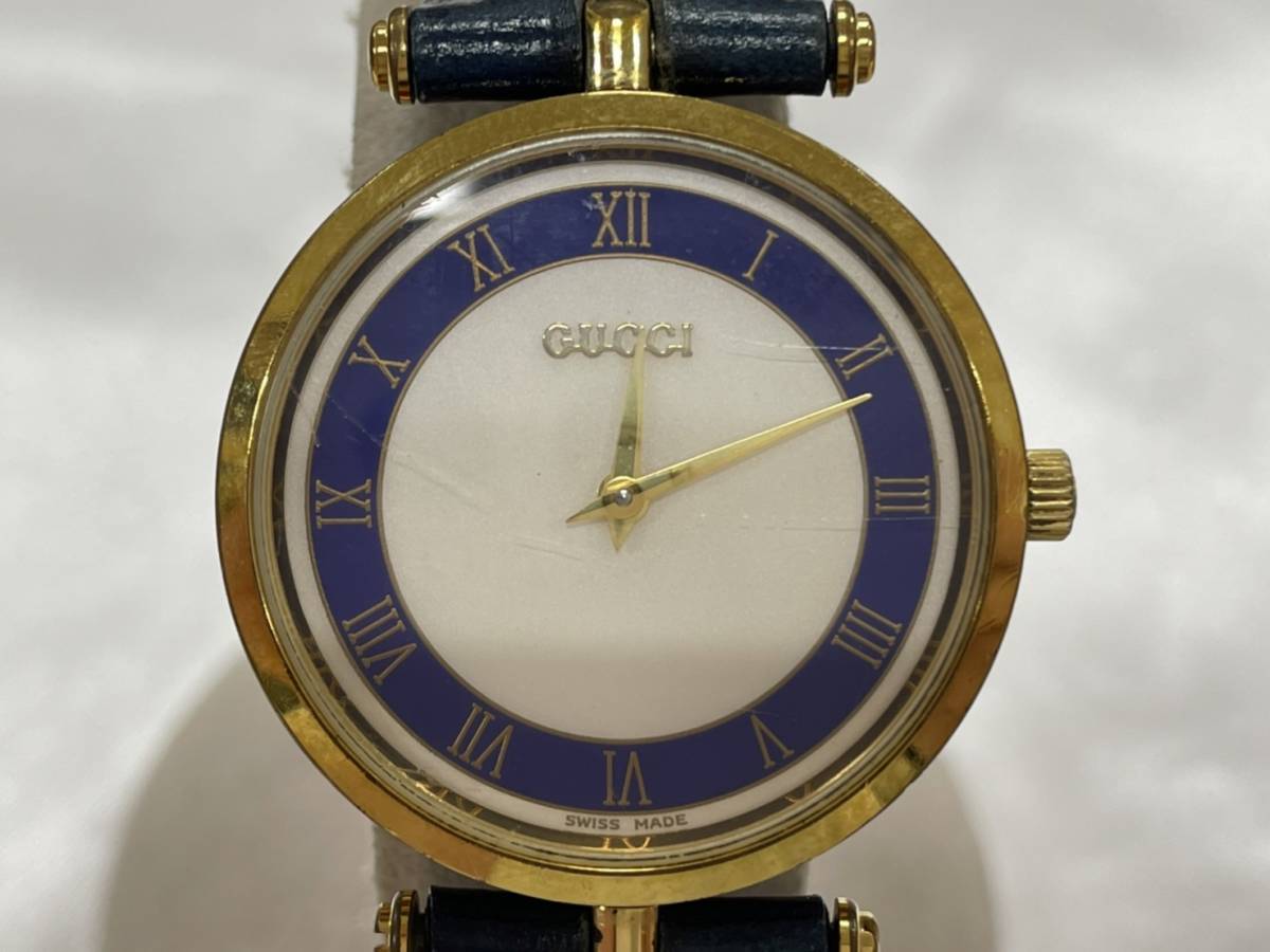 1500円 お買い得品 Gucci グッチ 腕時計 シェリーライン クォーツ ブルー 青 ゴールド レディース 稼働品 6365