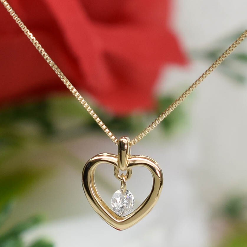 ダイヤモンド0.1ct 18金 yg オープンハート揺れるネックレス イエローゴールド k18