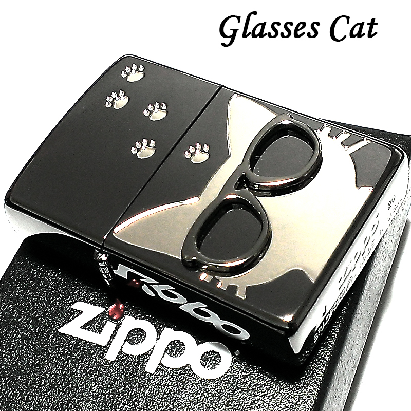 ZIPPO ねこ ライター サングラス 足跡 ジッポ 猫 かわいい ユニーク ブラックニッケル 銀差し メタル貼り ギフト レディース