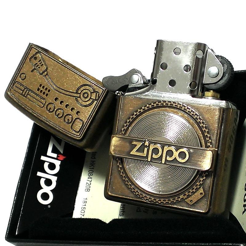 ZIPPO ライター ユーズドフィニッシュ レコード ジッポ 可動式 メタルプレート貼り 可愛い 彫刻 ブラス アンティークゴールド_画像4