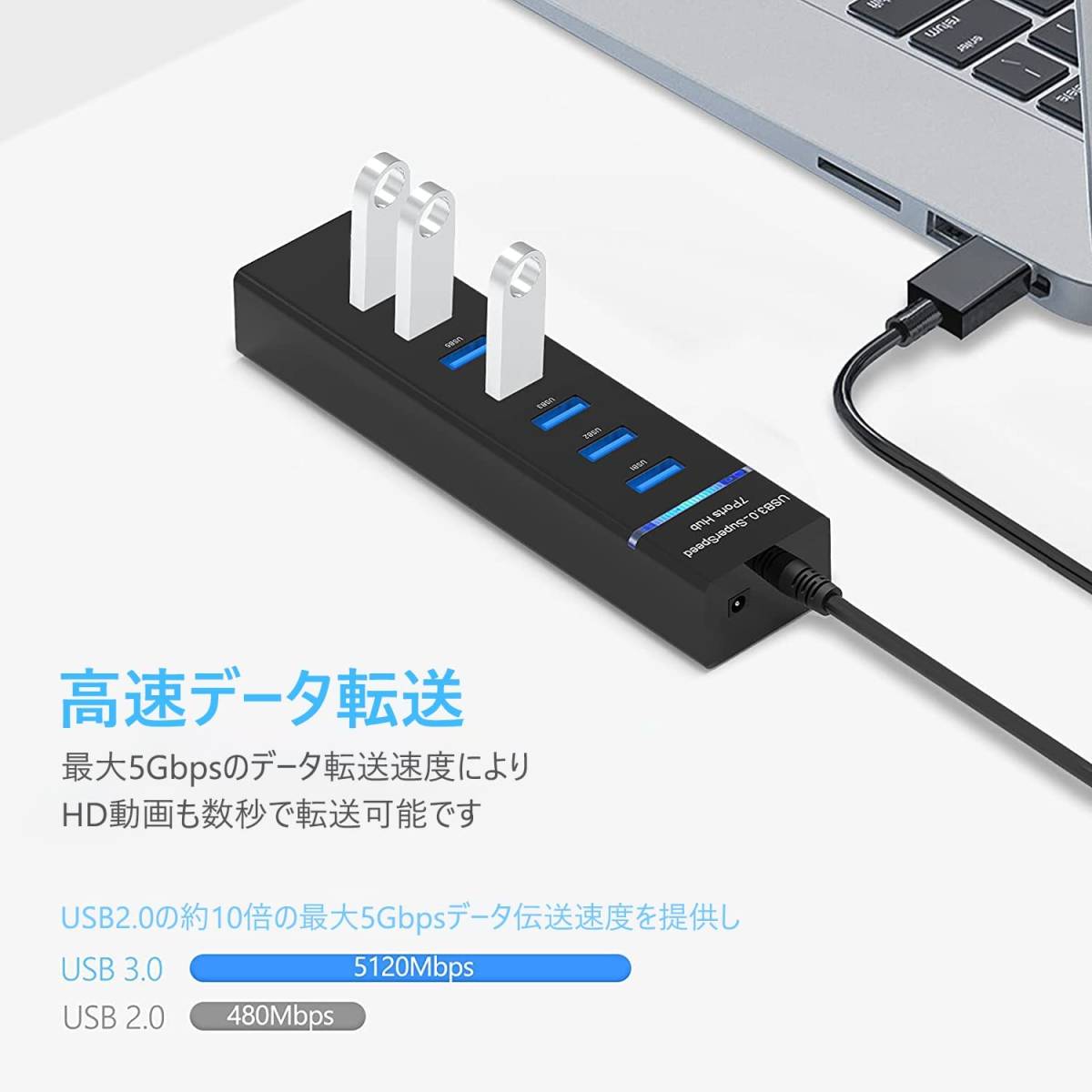 Coemwa　USB ハブ USB 3.0 Hub 7ポート増設 ケーブル長1.0m USB拡張 USB3.1 Gen1 5Gbps高速データ転送_画像2
