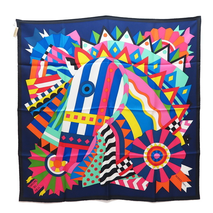 HERMES/エルメス カレ90 Cheval de Fete スカーフ シルク インディゴ