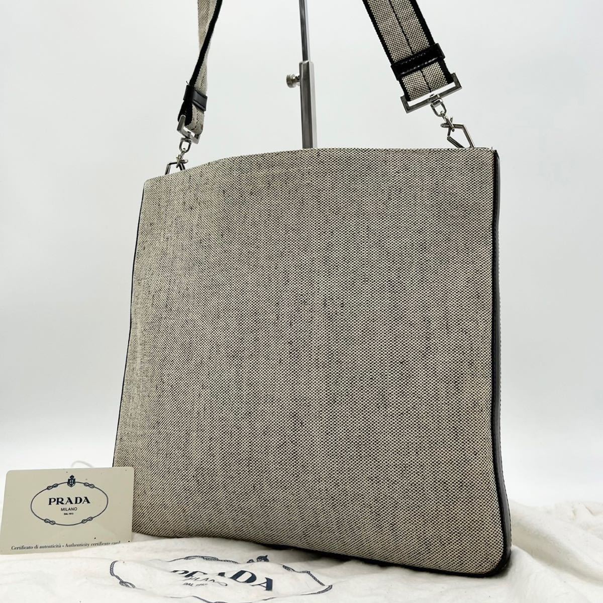 美品】PRADAプラダショルダーバッグロゴ キャンバス×レザー 美品】PRADAプラダショルダーバッグロゴ キャンバス×レザー
