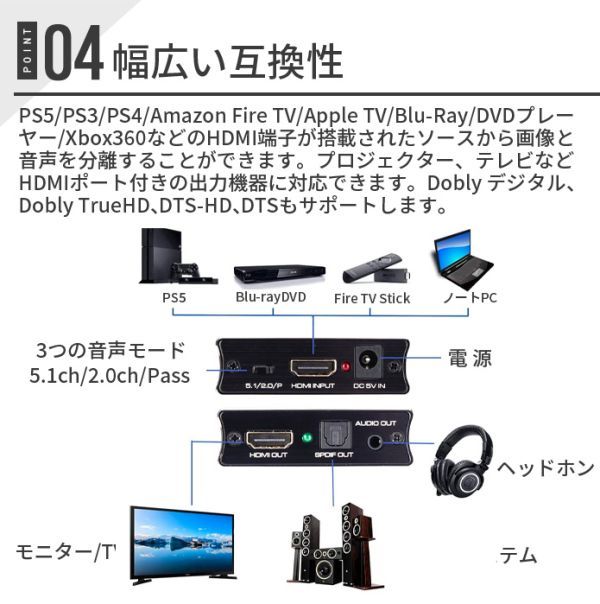 進化版 HDMI 音声分離 4K 60Hz 光デジタルARC機能付き HDMI音声 分離器 SPDIF + 3.5mm RCA_画像8