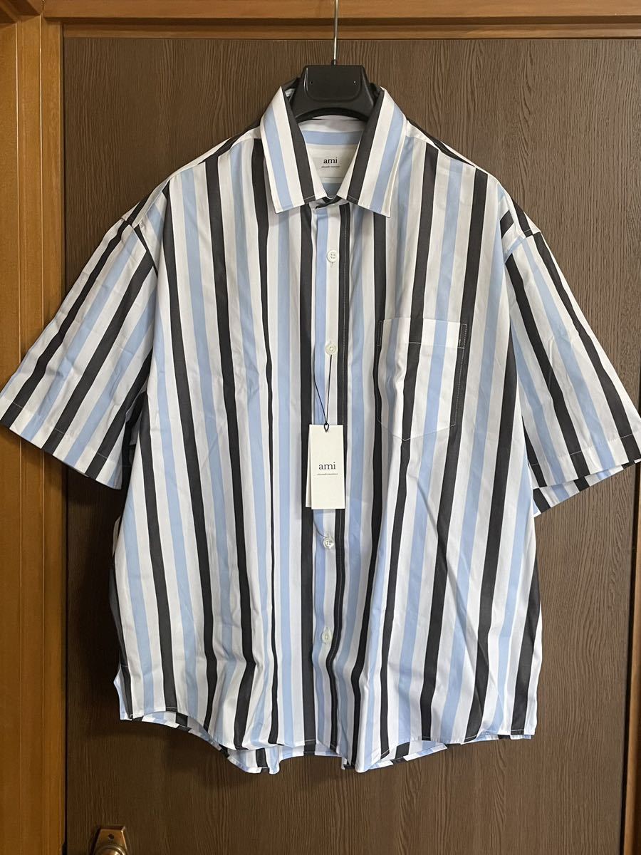 40新品 AMI Paris ストライプ オーバーサイズ 半袖シャツ 22SS size 40 M ami alexandre mattiussi アミ パリス Tシャツ カットソー メンズ