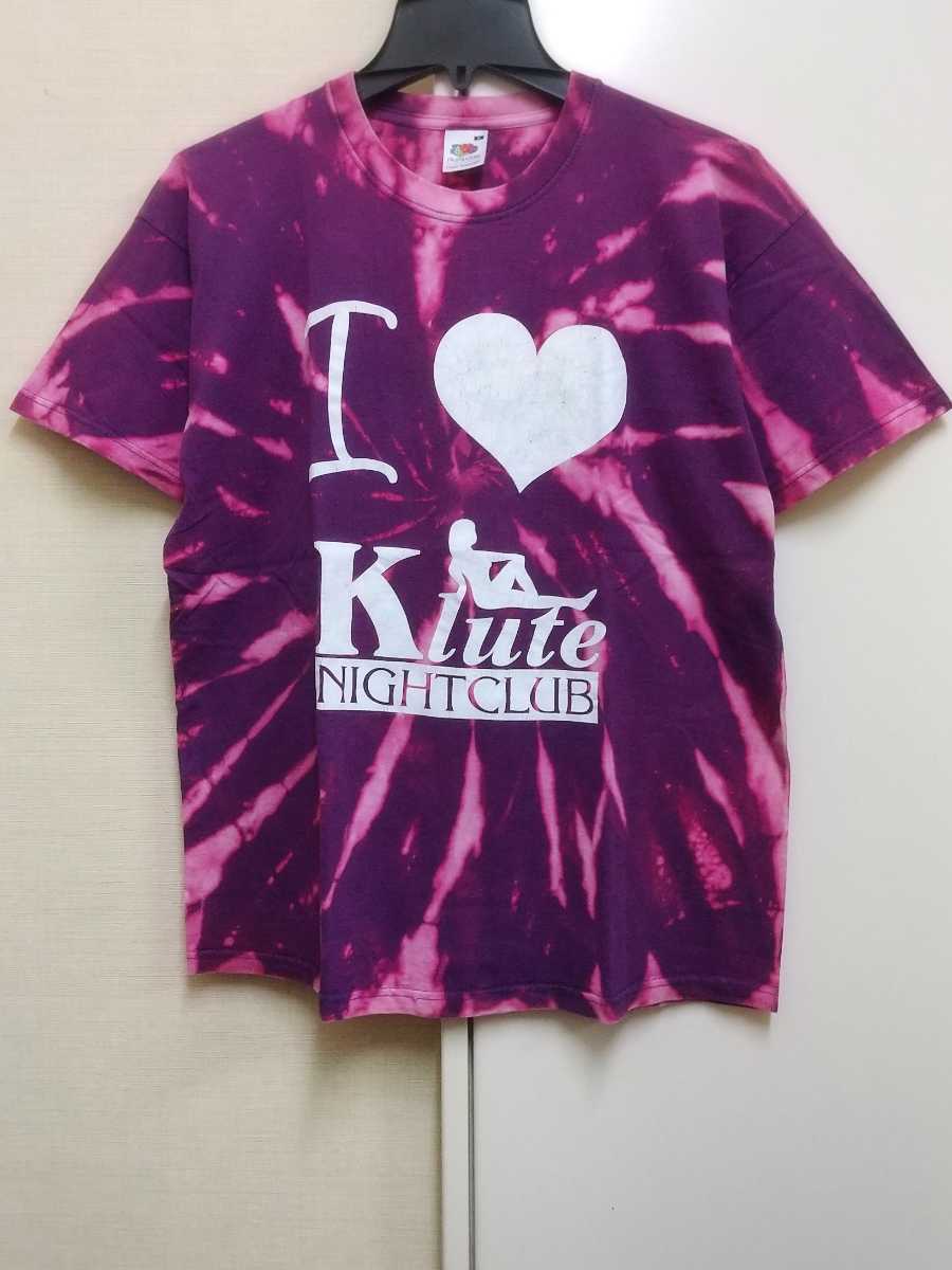 [送料無料](t11e4)M海外クラブアイラブklute nightclubヨーロッパusaアメリカ輸入古着半袖プリントTシャツ/ブリーチタイダイ柄_画像1