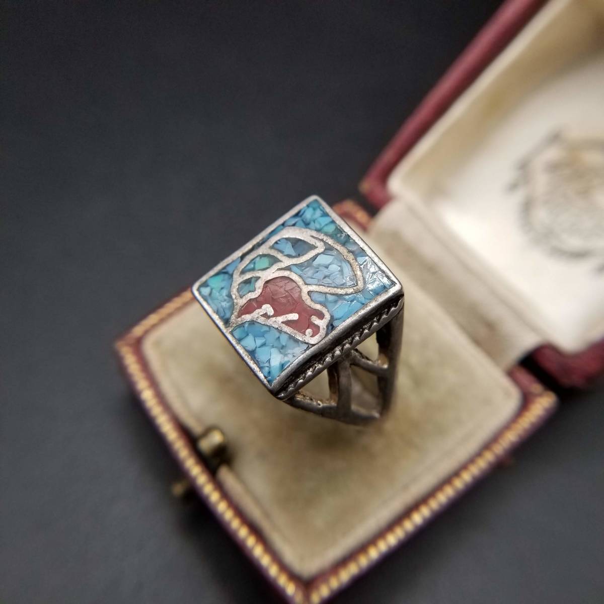  American Vintage Navajo sig net sterling silver crash turquoise coral ring ring men's accessory neitib