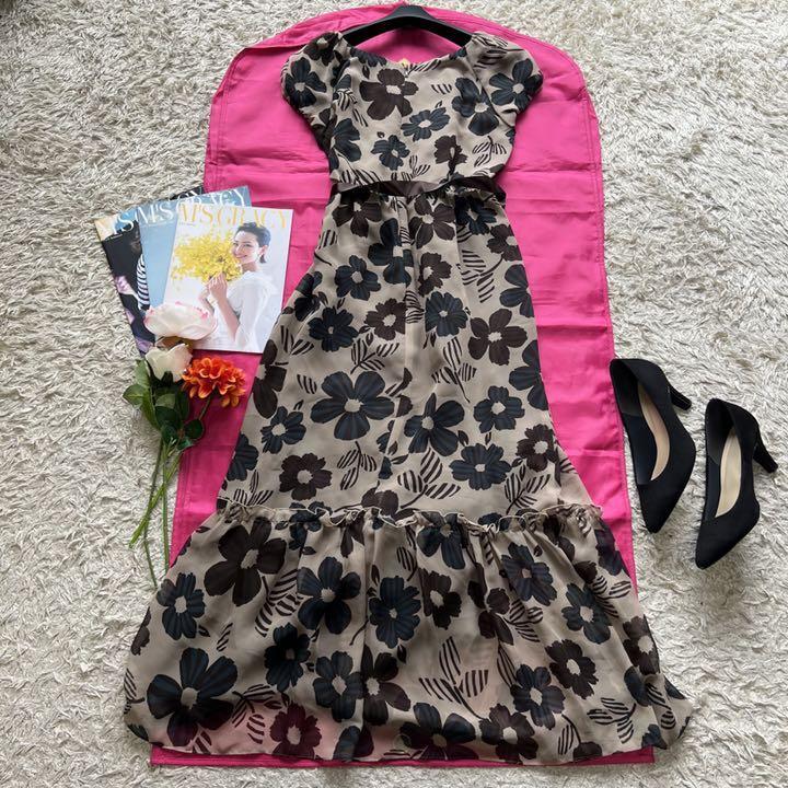 美品】M'S GRACY 花柄ロングワンピース ウエストリボン 半袖 38