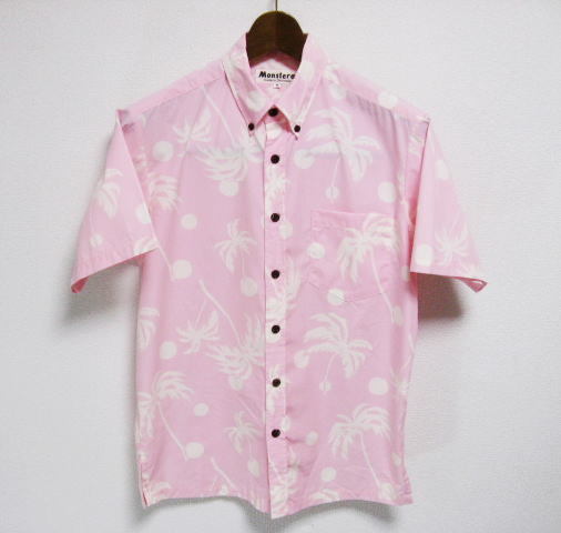 沖縄かりゆしウエア Monstera アロハシャツ Mサイズ ピンク ヤシの木 美品_画像1