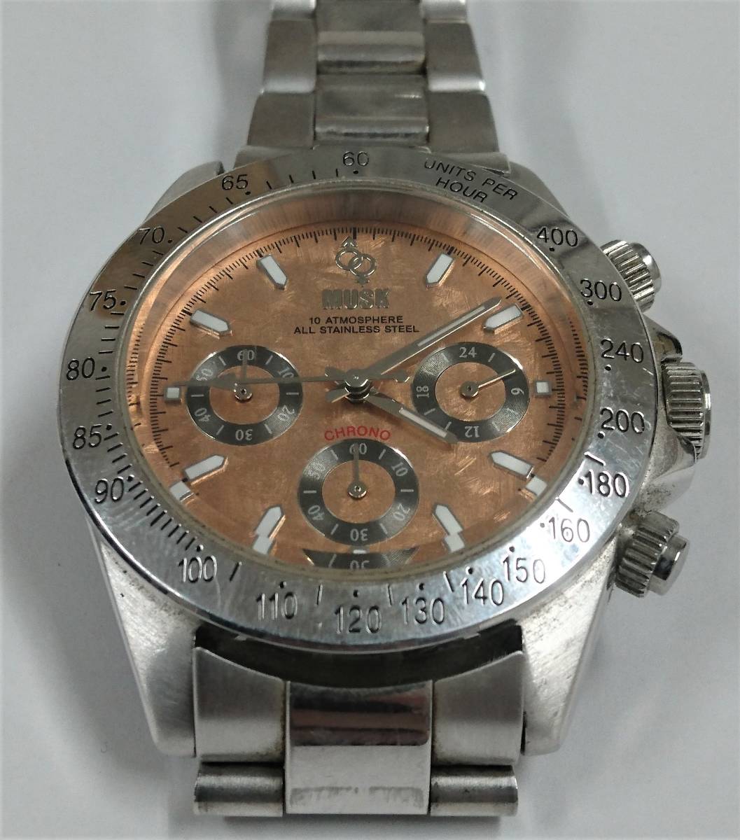 ◇ MUSK ムスク MM-2104 クロノグラフ メンズ 腕時計 ピンク系文字盤